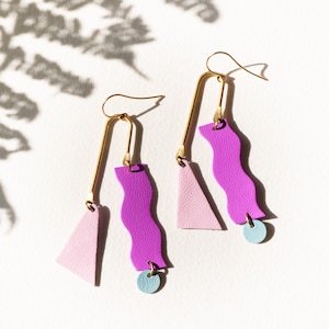 Reclaimed Leather Squiggle Mobile Geometric Earrings in Neon Purple, Rose Blue image 1