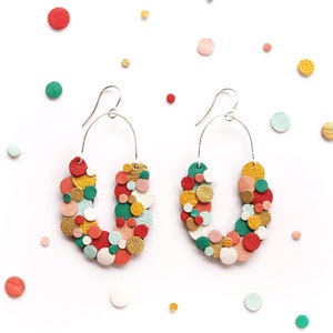 Rainbow Confetti Leather Statement Horseshoe Scoop Maximalist Earrings Lightweight Reclaimed Leather image 1