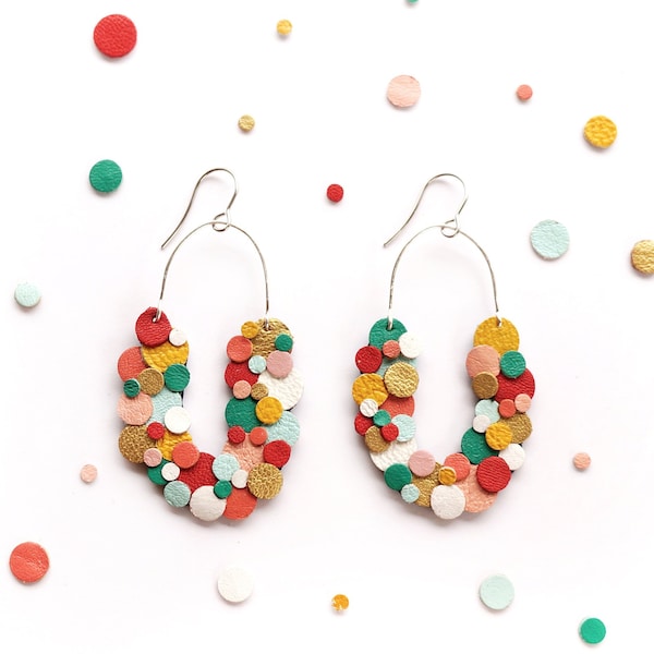 Rainbow Confetti Leather Statement Horseshoe Scoop Maximalist Earrings - Lightweight Reclaimed Leather