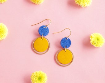 Mustard + Blue Orbit Leather Earrings - Colourful Retro Statement Earrings