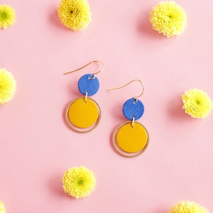 Mustard + Blue Orbit Leather Earrings - Colourful Retro Statement Earrings