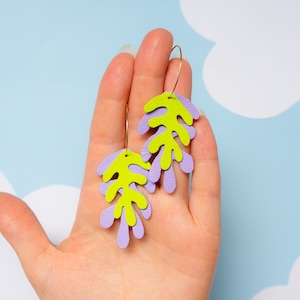 Wakame Seaweed Hoops in Lavender + Acid Green - Reclaimed Leather Statement Hoops