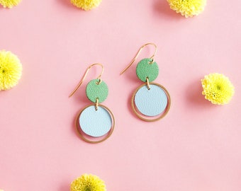 Green + Blue Orbit Leather Earrings - Colourful Retro Statement Earrings