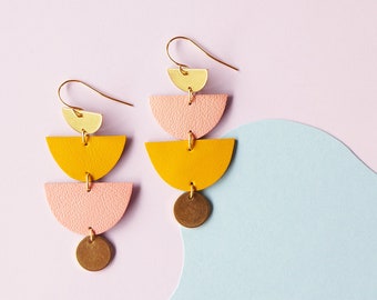 SUNSET-  Mustard + Pink tiered reclaimed leather earrings - Halfmoons and Brass Circles