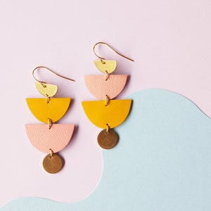 SUNSET-  Mustard + Pink tiered reclaimed leather earrings - Halfmoons and Brass Circles