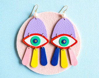 Chromatic Gaze Earrings - Lightweight Maximalist Statement Leather Eye earrings