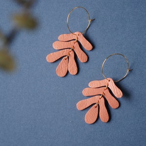 Botanical Leaf Hoop Earrings in Salmon Peach Oak Leaf Leather Statement Earrings on 14K Gold-Plated Hoops or Hooks image 1