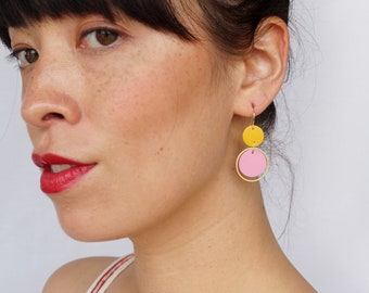 Mustard Orbit Leather Earrings - Colourful Retro Statement Earrings