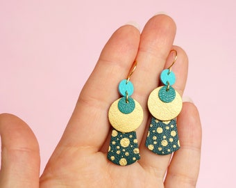 Layered Circles Spotted Emerald Green Leather Statement Earrings - Hand Painted on Reclaimed Leather