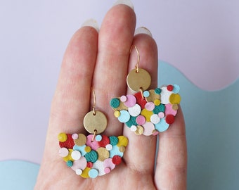 Rainbow Confetti Halfmoon Earrings - Reclaimed Leather Statement earrings with Brass Circles and Gold Hooks