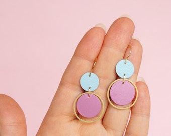 Lilac + Blue Orbit Leather Earrings - Colourful Retro Statement Earrings