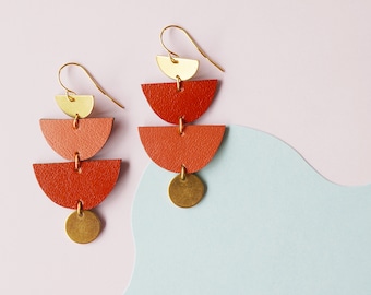 SUNRISE - Two-tone Tiered Halfmoon Leather Earrings in Terracotta Red with Brass Charms - Reclaimed Leather Earrings