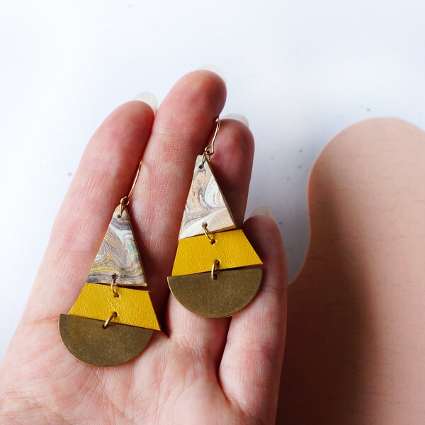 Marbled Leather Tiered Sailboat Earrings in Seafoam / Yellow - Reclaimed Leather Statement Earrings -Limited Edition Marbling on Leather