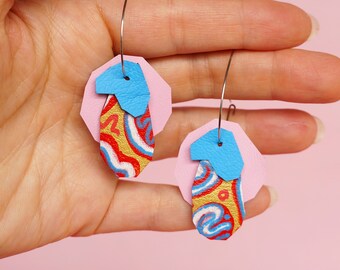 Pink + Blue Patterned Squiggle Chunks Hoops - Retro Nineties Aesthetic Lightweight Hoop Earrings