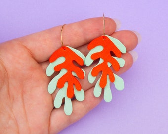 Wakame Seaweed Hoops in Mint Green + Neon Orange - Reclaimed Leather Statement Hoops