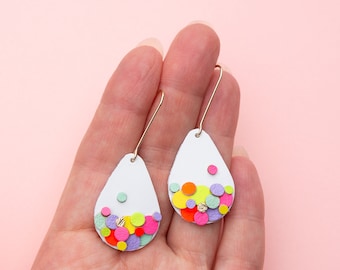 Confetti Teardrop Earrings in Neon + White Small- Lightweight Statement Leather earrings made with Scraps