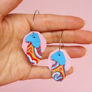 Pink + Blue Patterned Squiggle Chunks Hoops - Retro Nineties Aesthetic Lightweight Hoop Earrings