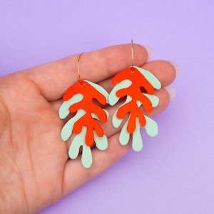 Wakame Seaweed Hoops in Mint Green Neon Orange Reclaimed Leather Statement Hoops image 1