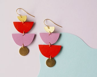 SAILOR'S DELIGHT -  Red + Purple tiered reclaimed leather Statement Earrings -Geometric  Halfmoons and Brass Circles