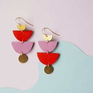 SAILOR'S DELIGHT -  Red + Purple tiered reclaimed leather Statement Earrings -Geometric  Halfmoons and Brass Circles