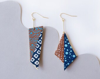 Origami Indigo Asymmetrical Japanese Inspired hand painted leather statement earrings // hitaishou  非対称