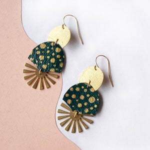 Radial Burst Spotted Statement Earrings in Emerald Green earrings with Gold Polka Dots - Art Deco brass shapes