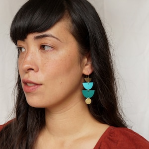 HIGHTIDE - Two-tone Tiered Halfmoon Leather Earrings in Teal with Brass Charms - Reclaimed Leather Earrings