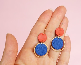 Blue + Red Orbit Leather Earrings - Colourful Retro Statement Earrings