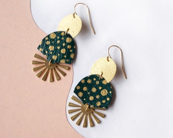 Radial Burst Spotted Statement Earrings in Emerald Green earrings with Gold Polka Dots - Art Deco brass shapes