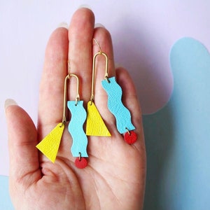 Asymmetrical Squiggle Mobile Earrings Colourful Red & Blue Statement Leather earrings with Geometric Shapes image 1