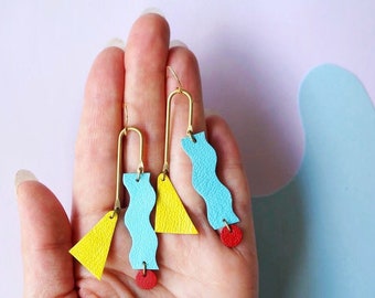 Asymmetrical Squiggle Mobile Earrings - Colourful Red & Blue Statement Leather earrings with Geometric Shapes
