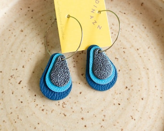Elixer Drops Hoops in Blue - layered Teardrop / Raindrop Leather Earrings