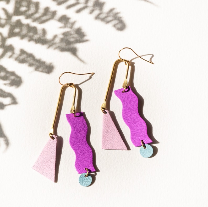 Reclaimed Leather Squiggle Mobile Geometric Earrings in Neon Purple, Rose Blue image 1