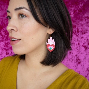 Hearts on Fire Flaming Heart Evil Eye Statement Earrings in Red / Pink image 7