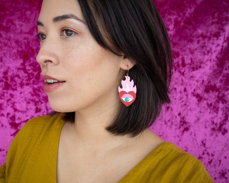 Hearts on Fire Flaming Heart Evil Eye Statement Earrings in Red / Pink image 7