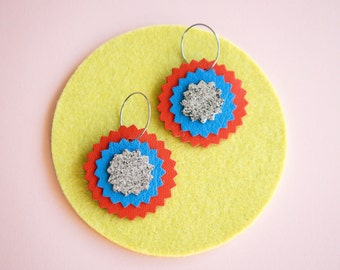 Linzer Cookie Hoop Earrings in Red + Blue + Silver Glitter Reclaimed Leather Zigzag Earrings