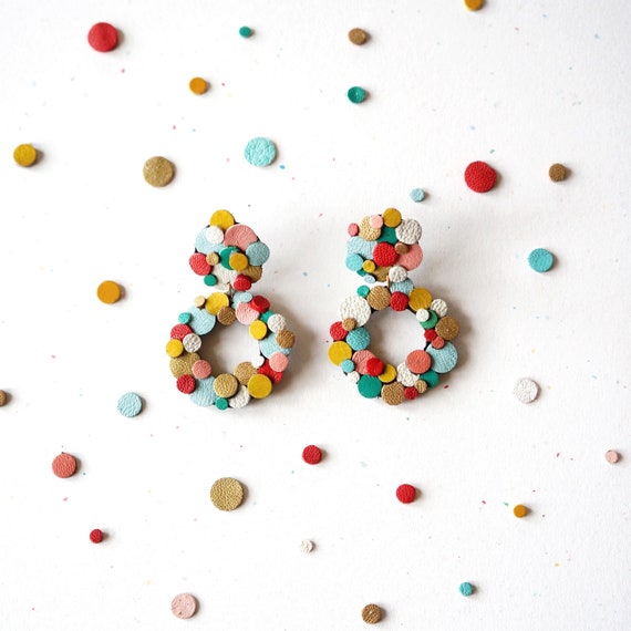 Rainbow Confetti Circle Earrings - Clip on / Pierced Ear Options - Colourful Reclaimed Leather Statement Earrings