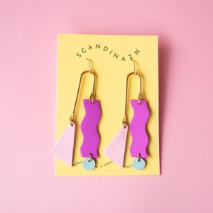 Reclaimed Leather Squiggle Mobile Geometric Earrings in Neon Purple, Rose Blue image 3