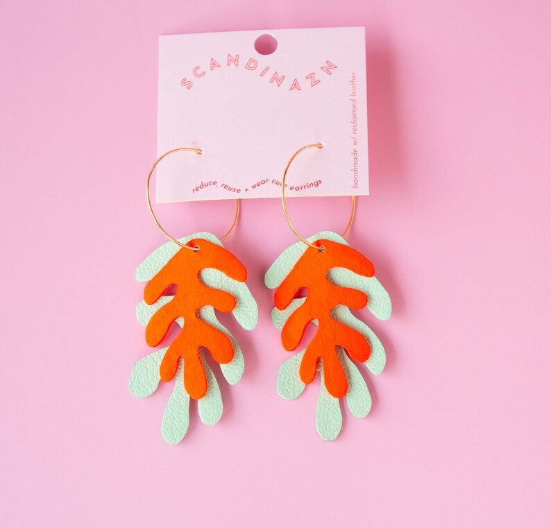 Wakame Seaweed Hoops in Mint Green Neon Orange Reclaimed Leather Statement Hoops image 6