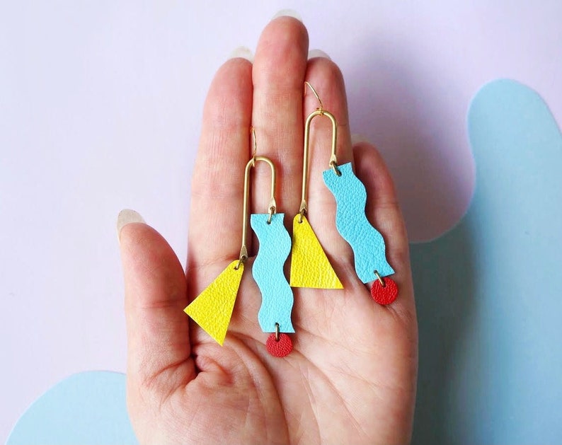 Asymmetrical Squiggle Mobile Earrings Colourful Red & Blue Statement Leather earrings with Geometric Shapes image 1