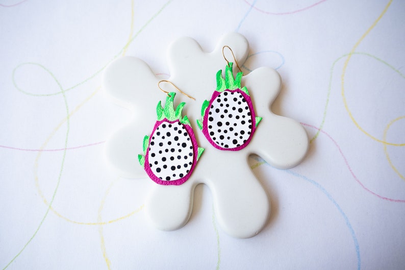 Juicy Dragonfruit Earrings Reclaimed Leather Statement Fruit Earrings image 4