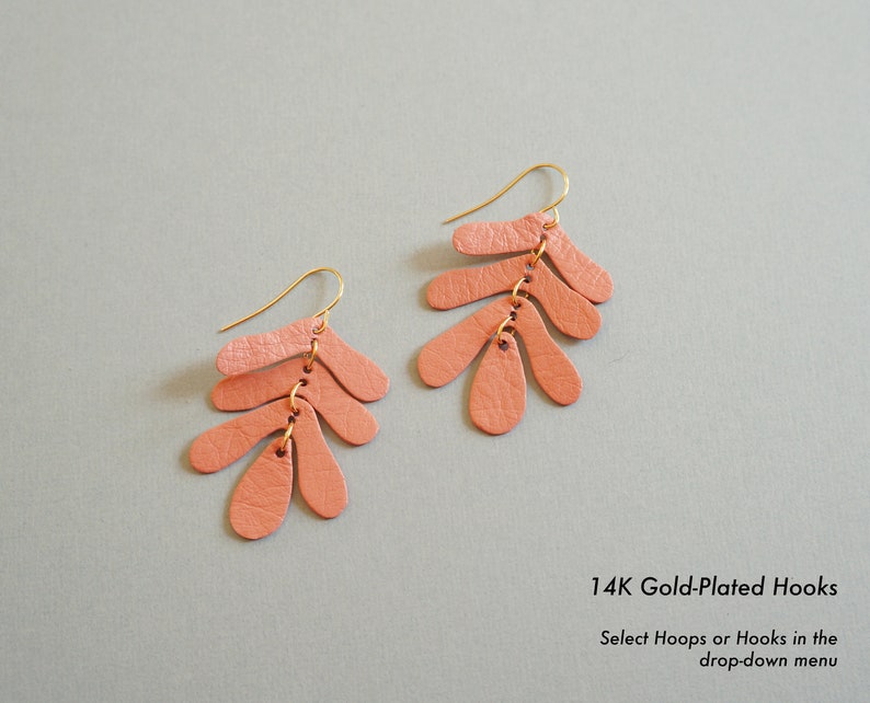 Botanical Leaf Hoop Earrings in Salmon Peach Oak Leaf Leather Statement Earrings on 14K Gold-Plated Hoops or Hooks image 6