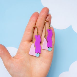 Reclaimed Leather Squiggle Mobile Geometric Earrings in Neon Purple, Rose Blue image 4