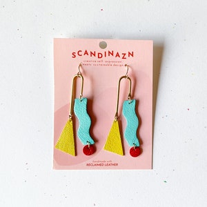 Asymmetrical Squiggle Mobile Earrings Colourful Red & Blue Statement Leather earrings with Geometric Shapes zdjęcie 6