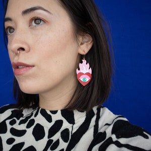 Hearts on Fire Flaming Heart Evil Eye Statement Earrings in Red / Pink image 4