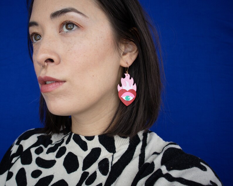 Hearts on Fire Flaming Heart Evil Eye Statement Earrings in Red / Pink image 4