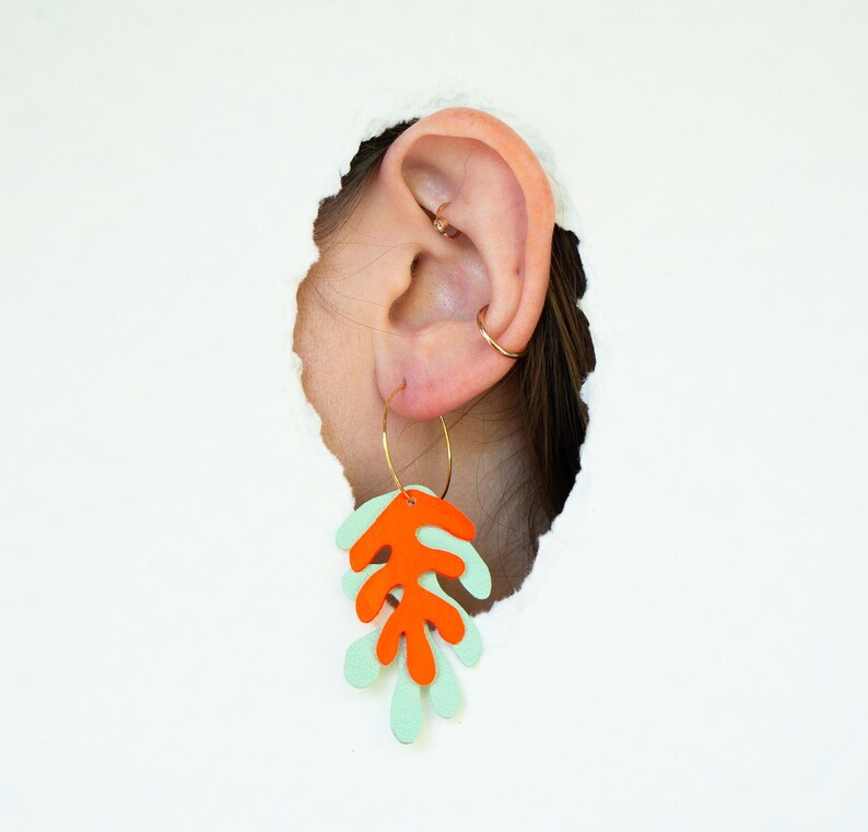 Wakame Seaweed Hoops in Mint Green Neon Orange Reclaimed Leather Statement Hoops image 5