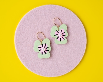 Mint Green Pansy Leather Earrings with Pink Centers and Freshwater Pearls