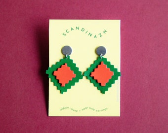 Red + Green Ravioli Earrings - Geometric Upcycled Leather Square Earrings