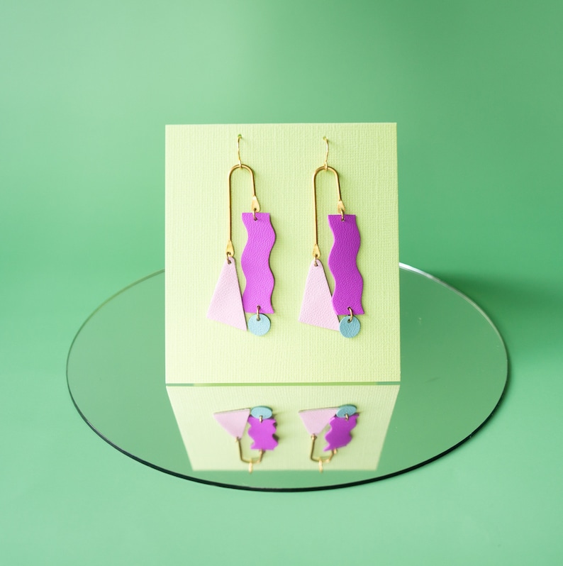 Reclaimed Leather Squiggle Mobile Geometric Earrings in Neon Purple, Rose Blue image 5